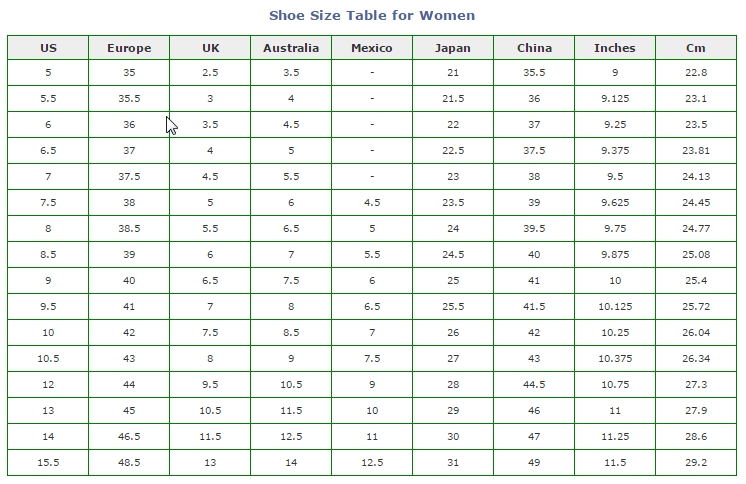 Women's international shoe conversion chart