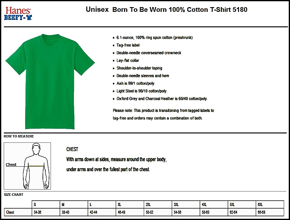 Hanes beefy-T t-shirt sizing chart
