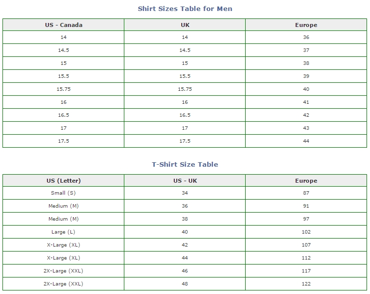 Men's international shirt size conversion chart