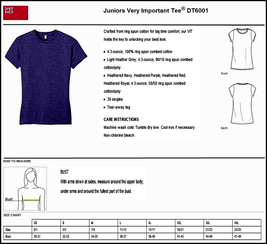 Junior's District t-shirt sizing chart