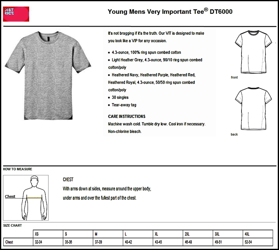 Young men's District t-shirt sizing chart