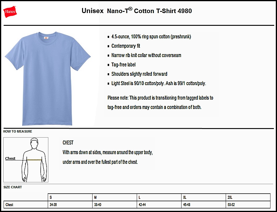 Hanes Unisex t-shirt sizing chart