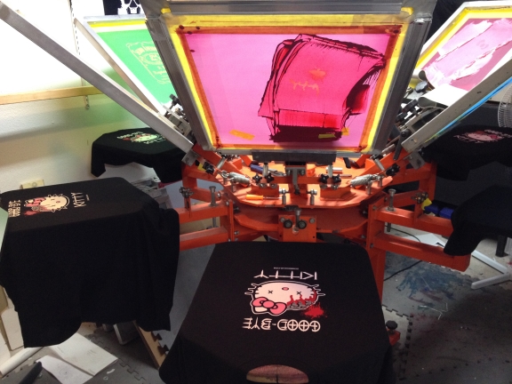 Six color screen print machine at Zombie Gear